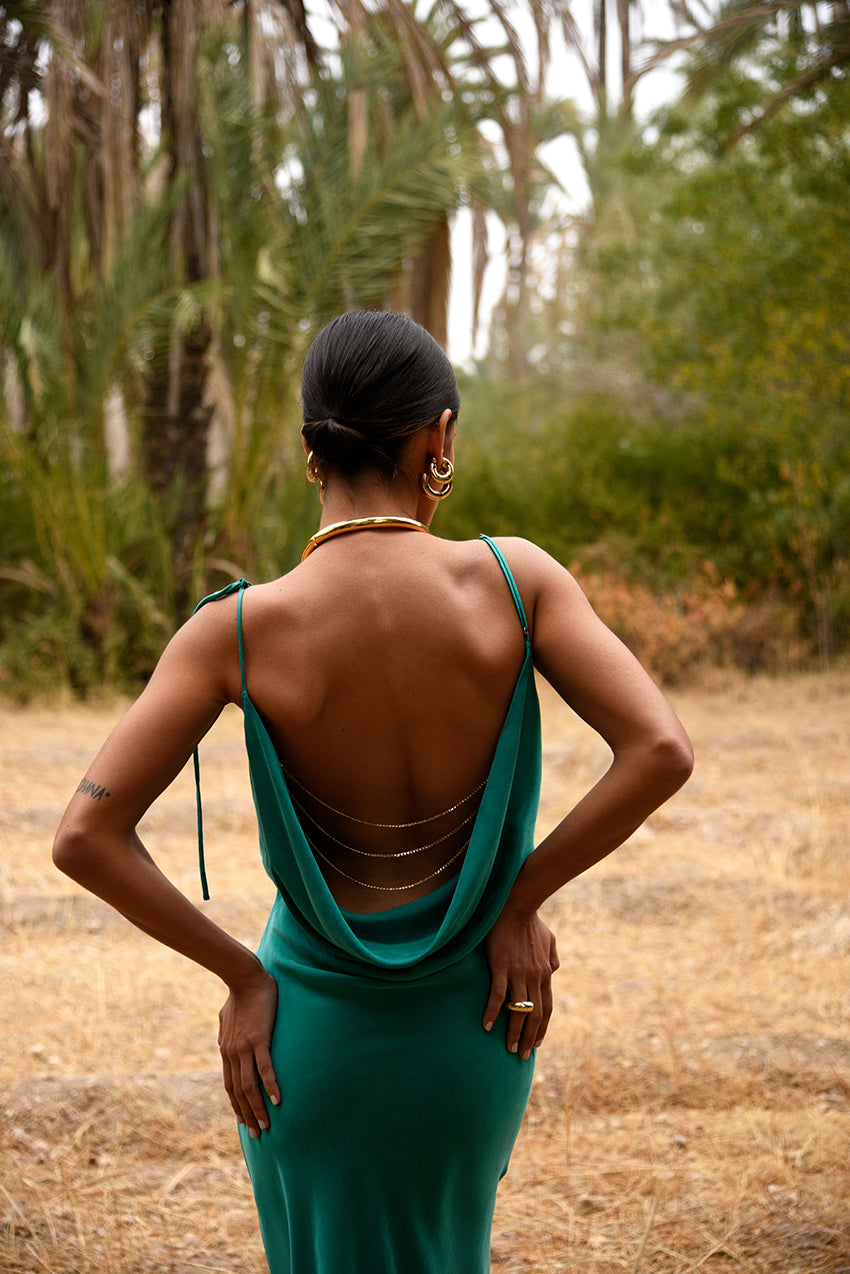 green backless dress